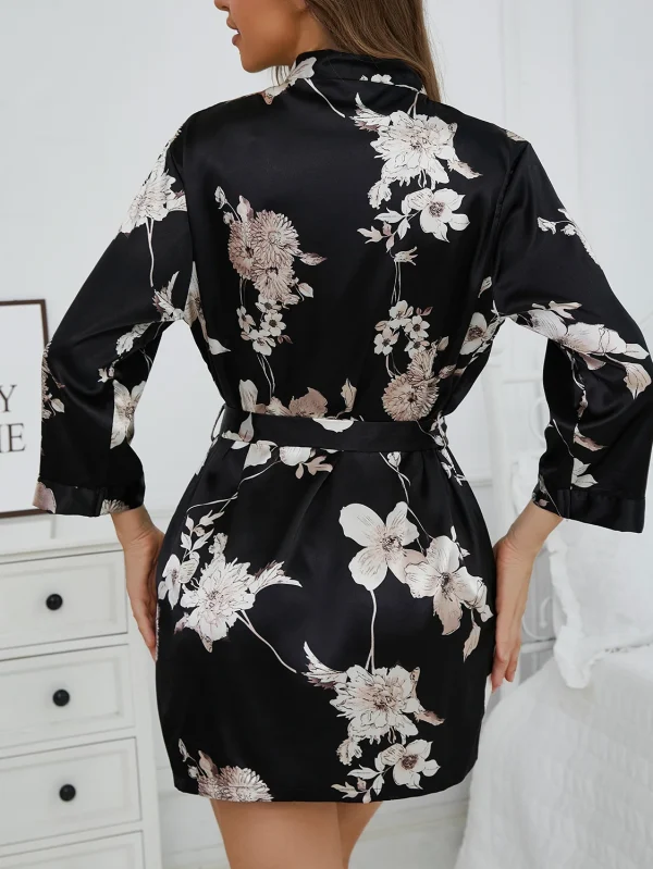 Elegant V-Neck Belted Robe Floral Print with Flowy Sleeves Silk Lounge wear - Image 2