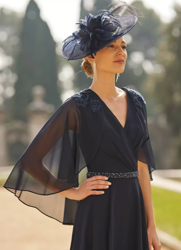 Elegant V-Neck Half Sleeves A-Line Sash Tea-Length Guest Dresses For Wedding - Image 2