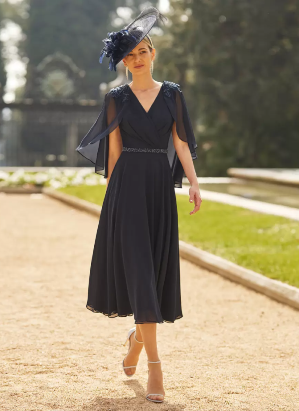 Elegant V-Neck Half Sleeves A-Line Sash Tea-Length Guest Dresses For Wedding