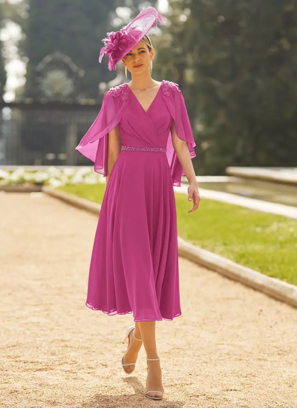 Elegant V-Neck Half Sleeves A-Line Sash Tea-Length Guest Dresses For Wedding - Image 3