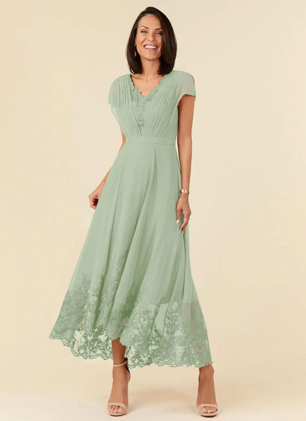 Elegant V-Neck Sleeveless A-Line Pleated Ankle-Length Wedding Guest Dresses - Image 4