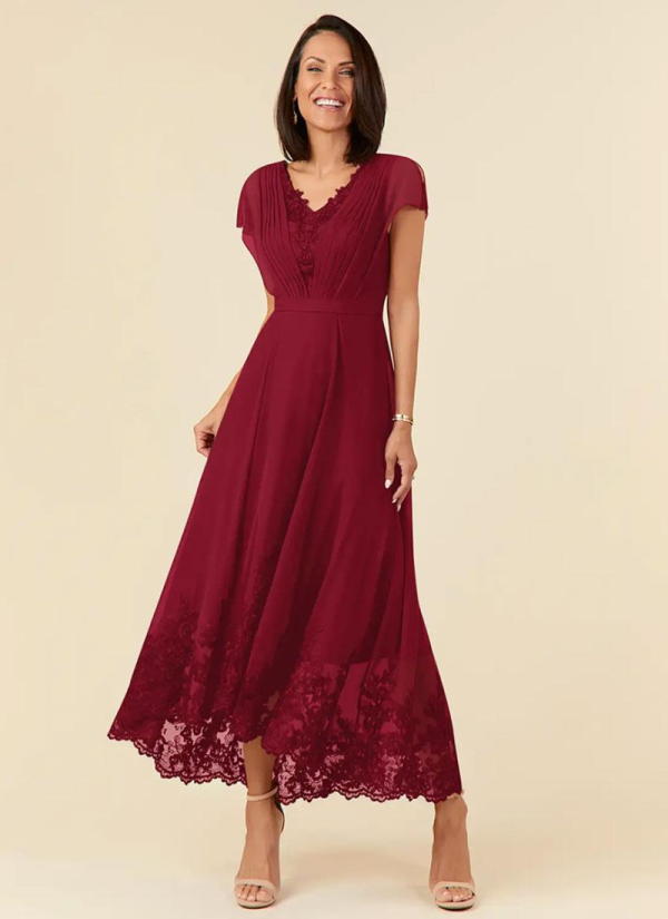 Elegant V-Neck Sleeveless A-Line Pleated Ankle-Length Wedding Guest Dresses
