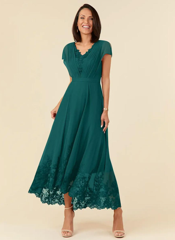 Elegant V-Neck Sleeveless A-Line Pleated Ankle-Length Wedding Guest Dresses - Image 5