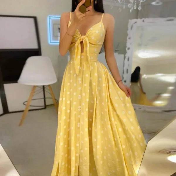 Elegant V-Neck Sling Backless Hollow Out BowKnot Long Party Dot Dress - Image 2