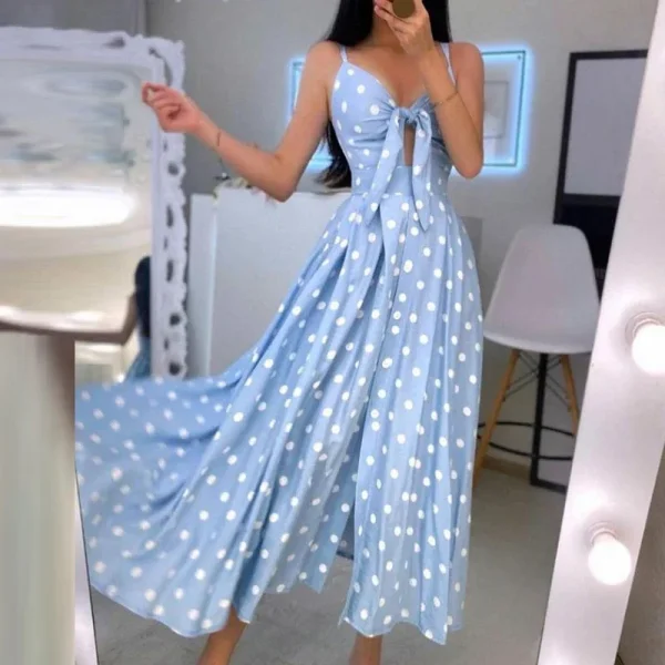 Elegant V-Neck Sling Backless Hollow Out BowKnot Long Party Dot Dress - Image 3