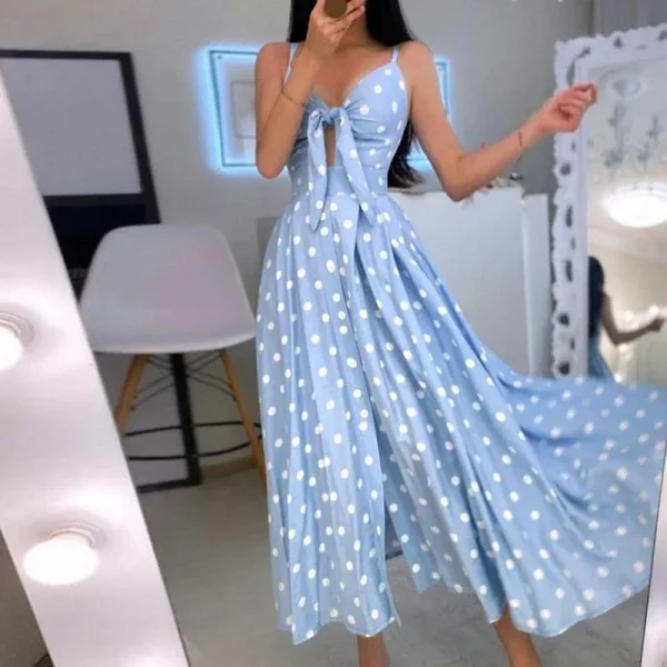 Elegant V-Neck Sling Backless Hollow Out BowKnot Long Party Dot Dress - Image 4