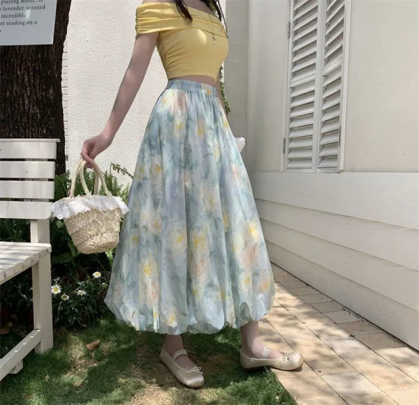 Elegant Vintage Floral Sweet High Waist Casual Loose Skirt