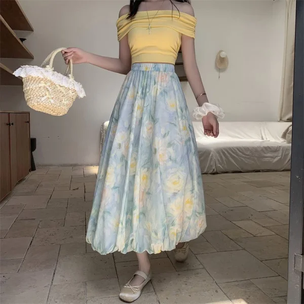 Elegant Vintage Floral Sweet High Waist Casual Loose Skirt - Image 3