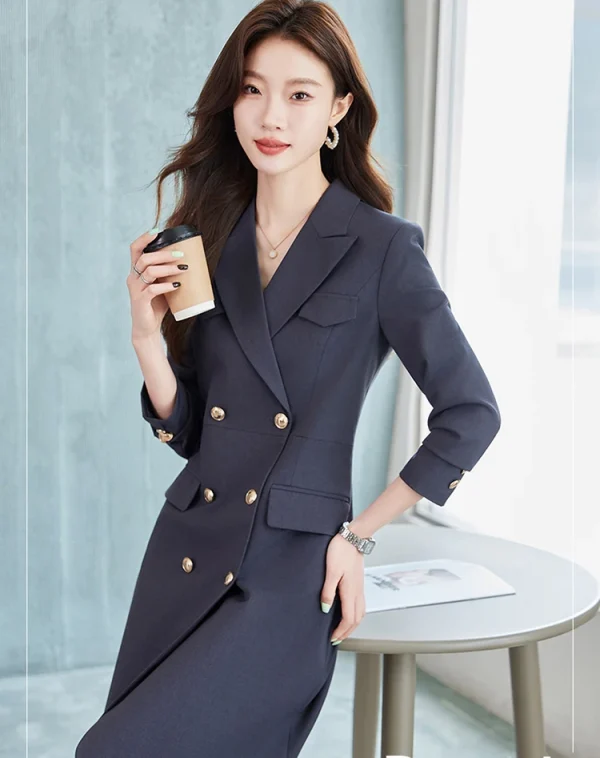 Elegant Waist Turn Down Collar Long Sleeve Suit Blazer Dress Business Suit - Image 5