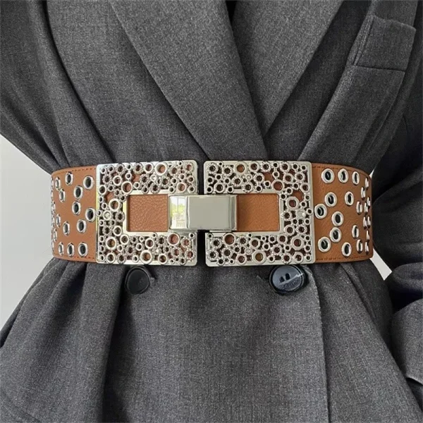 Elegant Wide Elastic Waistband Silver Hook Buckle High Quality Suit Belt - Image 2
