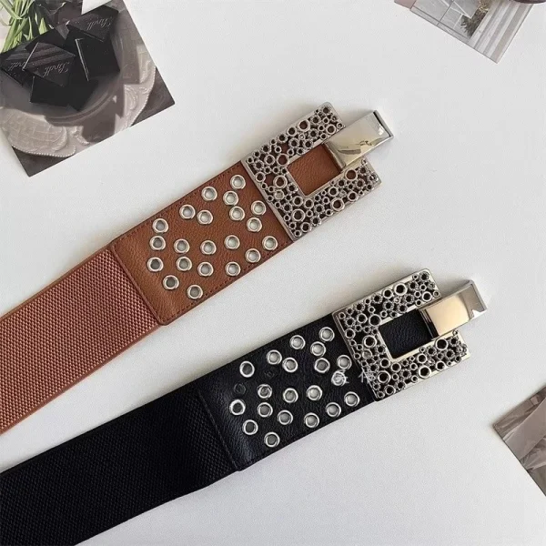 Elegant Wide Elastic Waistband Silver Hook Buckle High Quality Suit Belt - Image 4