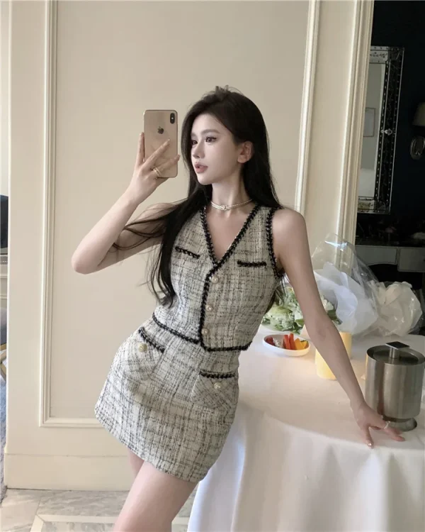 Elegant Zipper Fly Tank Single Breasted Crop Blazer Skirt Two Piece Outfit - Image 7