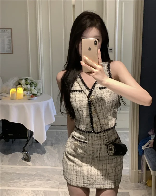 Elegant Zipper Fly Tank Single Breasted Crop Blazer Skirt Two Piece Outfit - Image 6