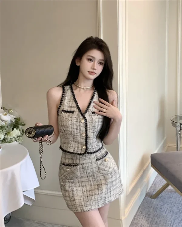 Elegant Zipper Fly Tank Single Breasted Crop Blazer Skirt Two Piece Outfit - Image 4