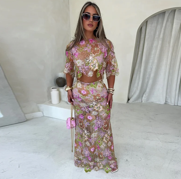 Embroidery Sequin Short Sleeve Shirt Crop Top Skirts Set - Image 2
