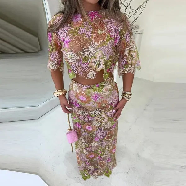 Embroidery Sequin Short Sleeve Shirt Crop Top Skirts Set - Image 5