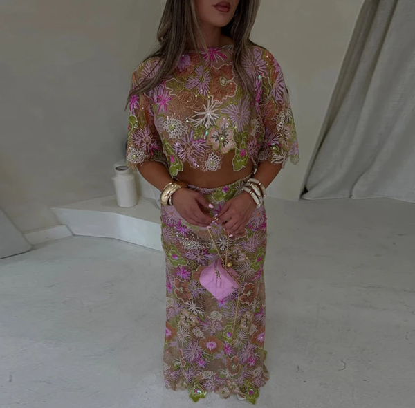 Embroidery Sequin Short Sleeve Shirt Crop Top Skirts Set - Image 4