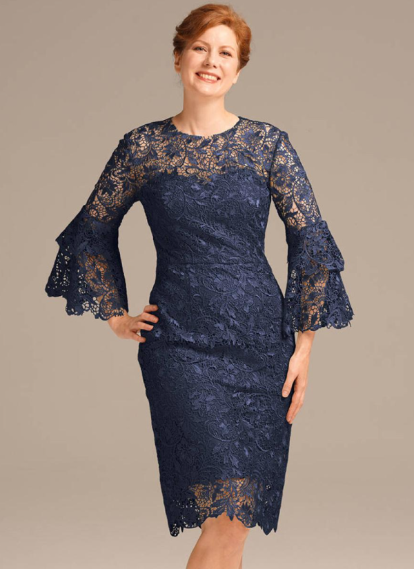 Erotic Jewel Neck 3/4 Length Sleeves Short Lace Knee-Length Guest Dresses - Image 2