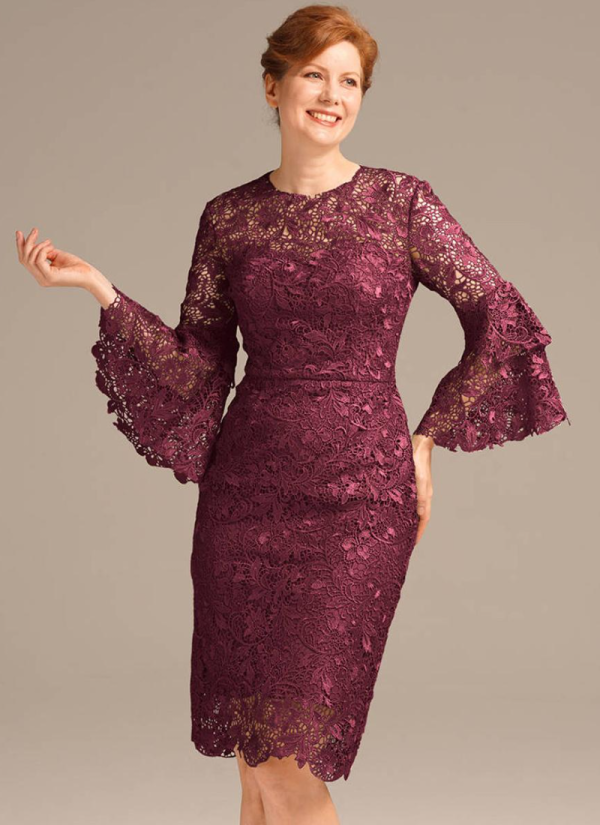 Erotic Jewel Neck 3/4 Length Sleeves Short Lace Knee-Length Guest Dresses