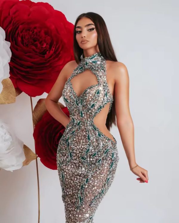 Erotic Sparkling Sequins Crystal Cut-Out Mermaid Sleeveless Dress Gown - Image 2