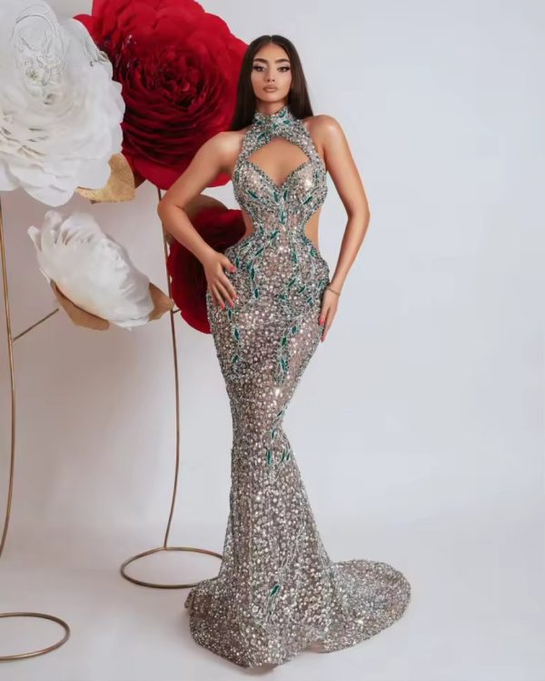 Erotic Sparkling Sequins Crystal Cut-Out Mermaid Sleeveless Dress Gown