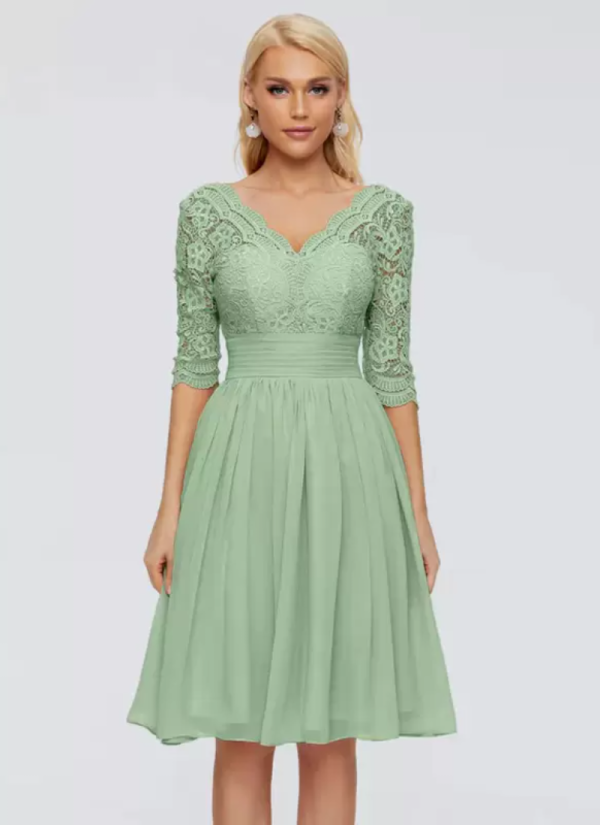 Erotic V-Neck Half Sleeves Short Lace Knee-Length Wedding Guest Dresses - Image 4