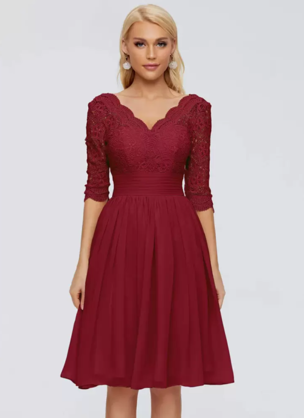 Erotic V-Neck Half Sleeves Short Lace Knee-Length Wedding Guest Dresses