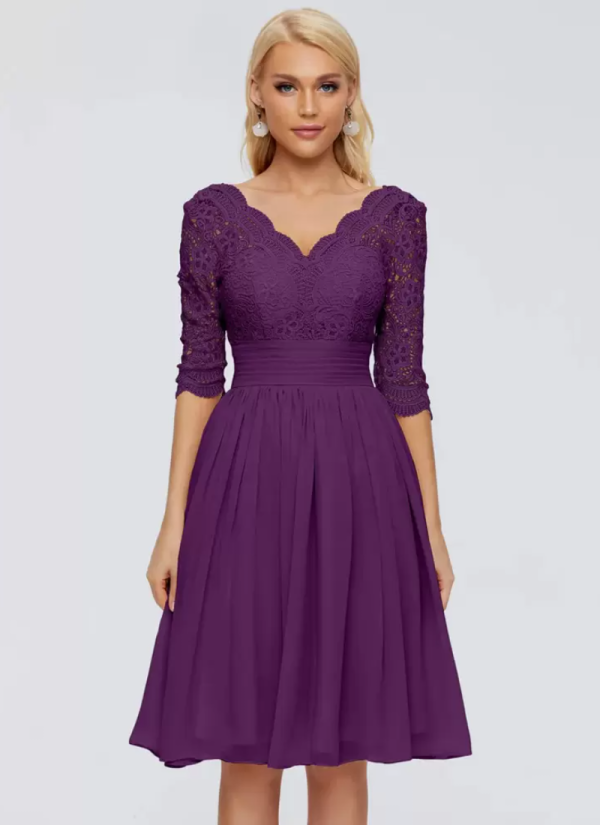 Erotic V-Neck Half Sleeves Short Lace Knee-Length Wedding Guest Dresses - Image 6