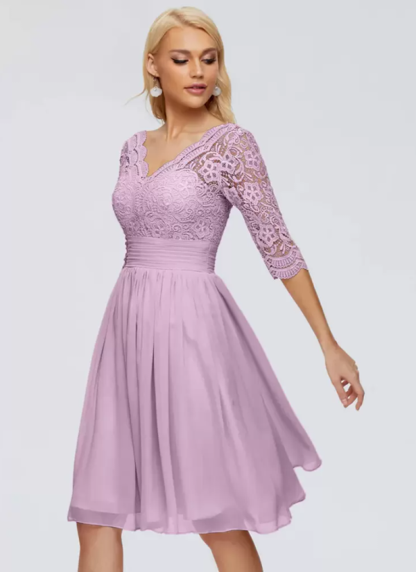 Erotic V-Neck Half Sleeves Short Lace Knee-Length Wedding Guest Dresses - Image 3