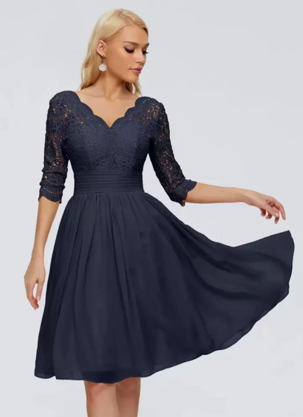 Erotic V-Neck Half Sleeves Short Lace Knee-Length Wedding Guest Dresses - Image 2