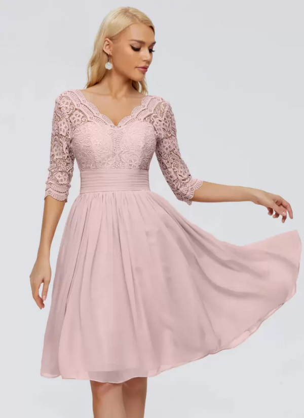 Erotic V-Neck Half Sleeves Short Lace Knee-Length Wedding Guest Dresses - Image 7