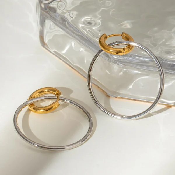 Exquisite Metal Stainless Steel Round Ring Interlocking Color Blocked Drop Earrings - Image 4