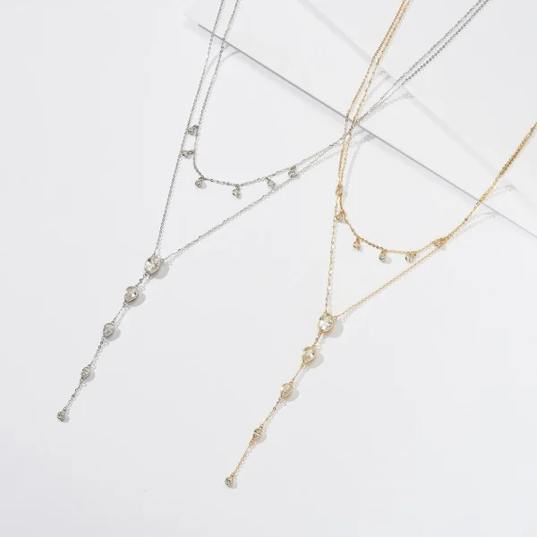 Exquisite Y-Shaped 925 Sterling Silver Double Layer O-Chain With Cubic Zirconia Decor Present Choker Necklace - Image 2