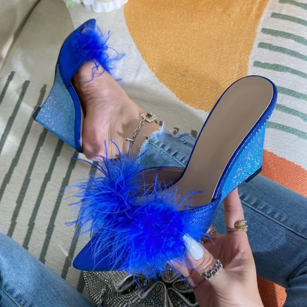 Feather Wedges Pointed toe Mules Slides Heels Sandals - Image 4