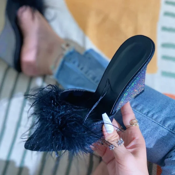 Feather Wedges Pointed toe Mules Slides Heels Sandals - Image 10