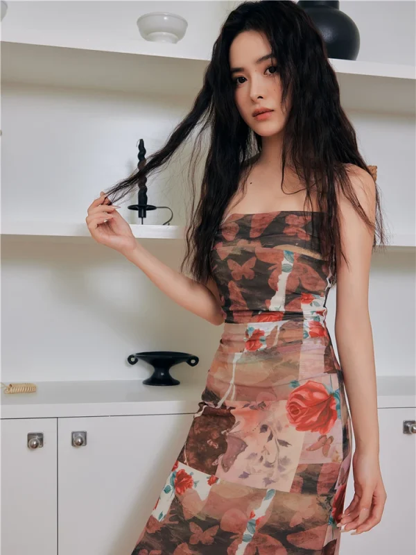 Floral Butterfly Print Mesh A Line Party Night Long Bodycon Slip Dress - Image 2