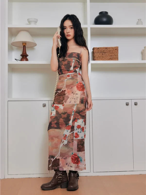 Floral Butterfly Print Mesh A Line Party Night Long Bodycon Slip Dress - Image 4