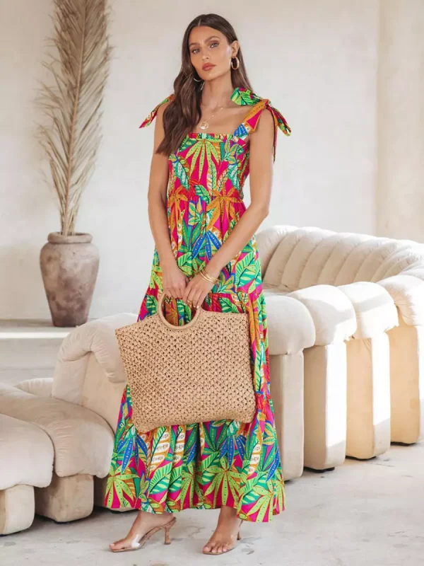 Floral Print Shirred Backless Resort Wear Maxi Slip Dress