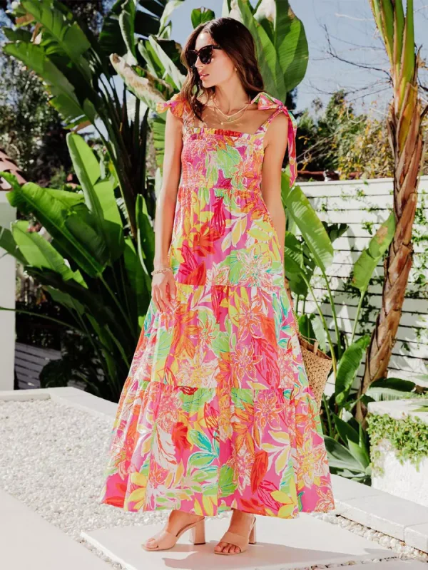 Elegant Floral Print Shirred Backless Daily Casual Maxi Slip Dress - Image 3