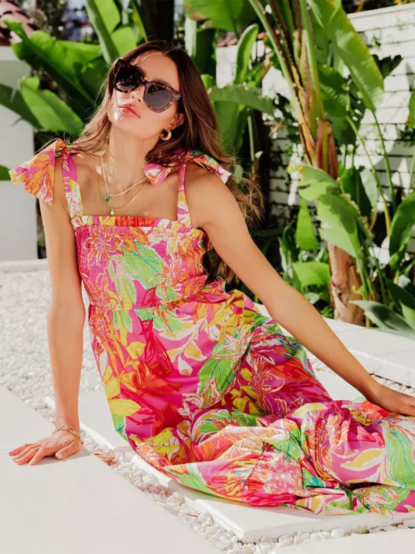 Elegant Floral Print Shirred Backless Daily Casual Maxi Slip Dress - Image 4