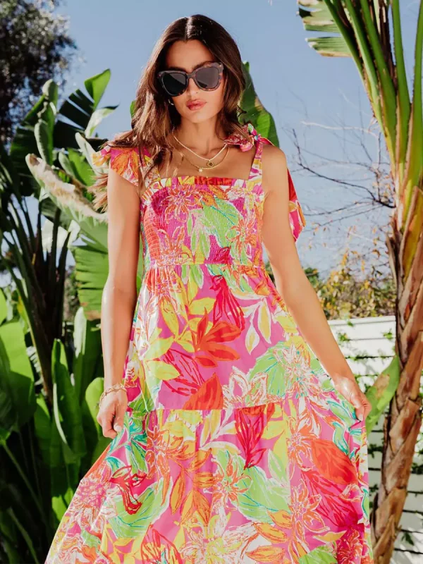 Elegant Floral Print Shirred Backless Daily Casual Maxi Slip Dress - Image 5