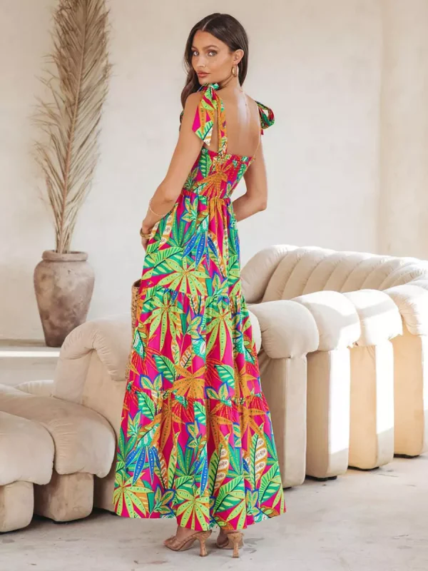 Floral Print Shirred Backless Resort Wear Maxi Slip Dress - Image 5