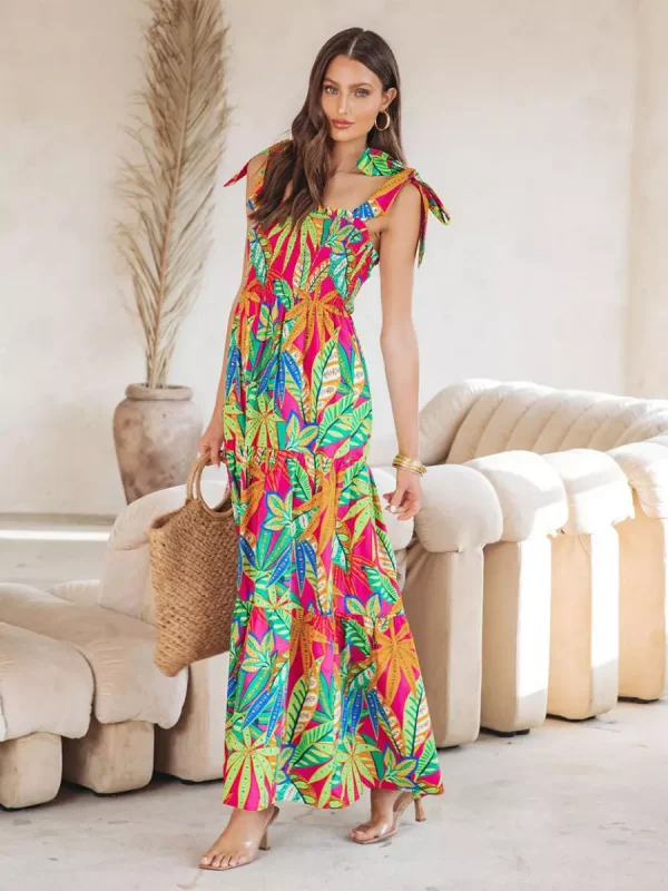 Floral Print Shirred Backless Resort Wear Maxi Slip Dress - Image 2