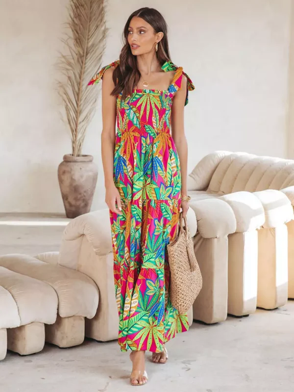 Floral Print Shirred Backless Resort Wear Maxi Slip Dress - Image 3