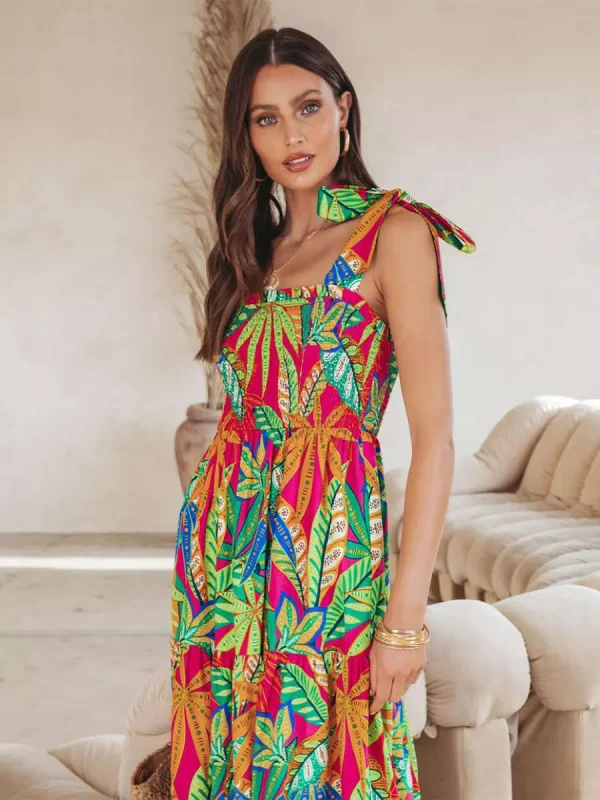 Floral Print Shirred Backless Resort Wear Maxi Slip Dress - Image 4