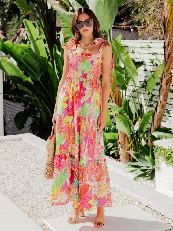 Elegant Floral Print Shirred Backless Daily Casual Maxi Slip Dress