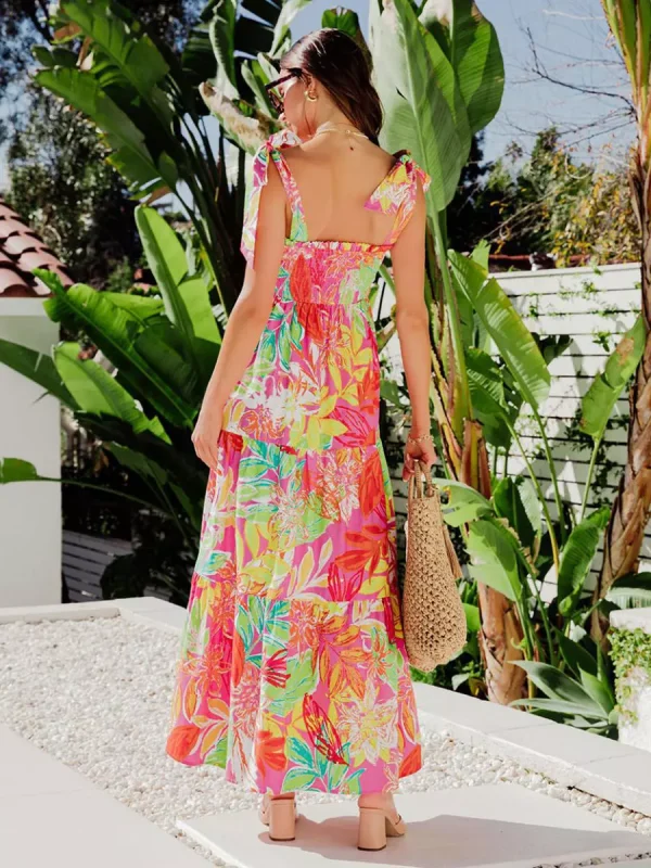 Elegant Floral Print Shirred Backless Daily Casual Maxi Slip Dress - Image 6