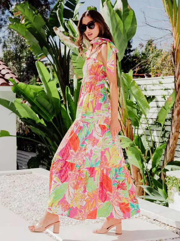 Elegant Floral Print Shirred Backless Daily Casual Maxi Slip Dress - Image 2