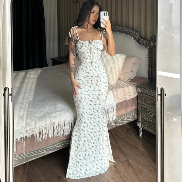 Floral Spaghetti Strap Beach Vacation Streetwear Long Bodycon Dress