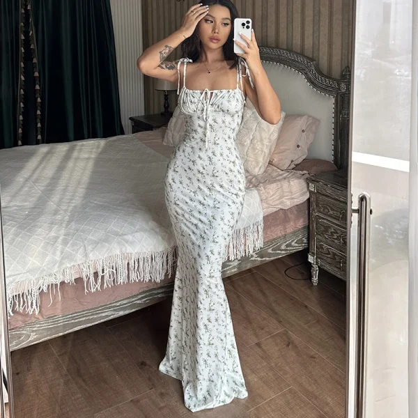 Floral Spaghetti Strap Beach Vacation Streetwear Long Bodycon Dress - Image 2